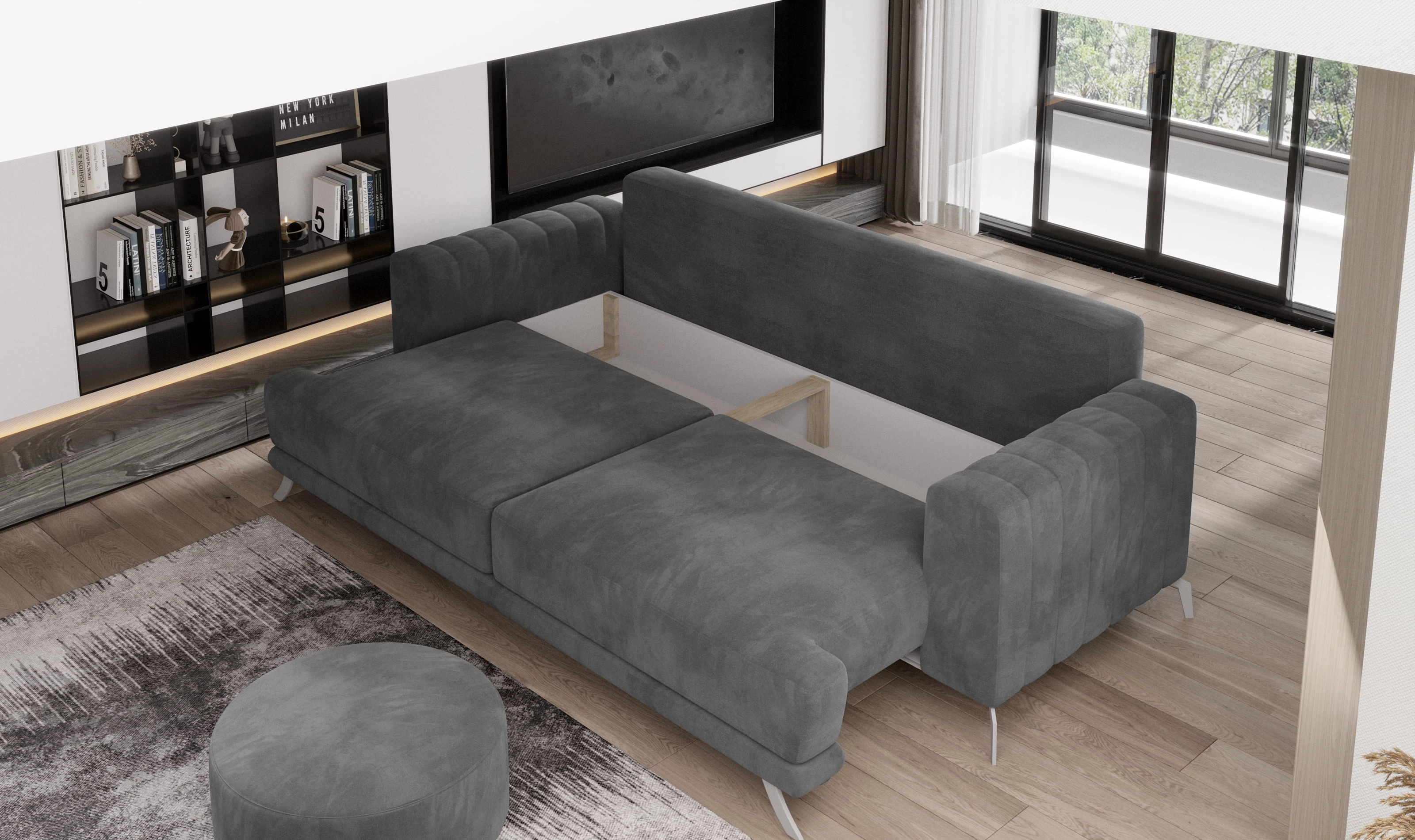 Elegantní 3-místná pohovka pro každodenní spaní s mechanismem rozkládání typu DL a úložným prostorem na lůžkoviny Elise 