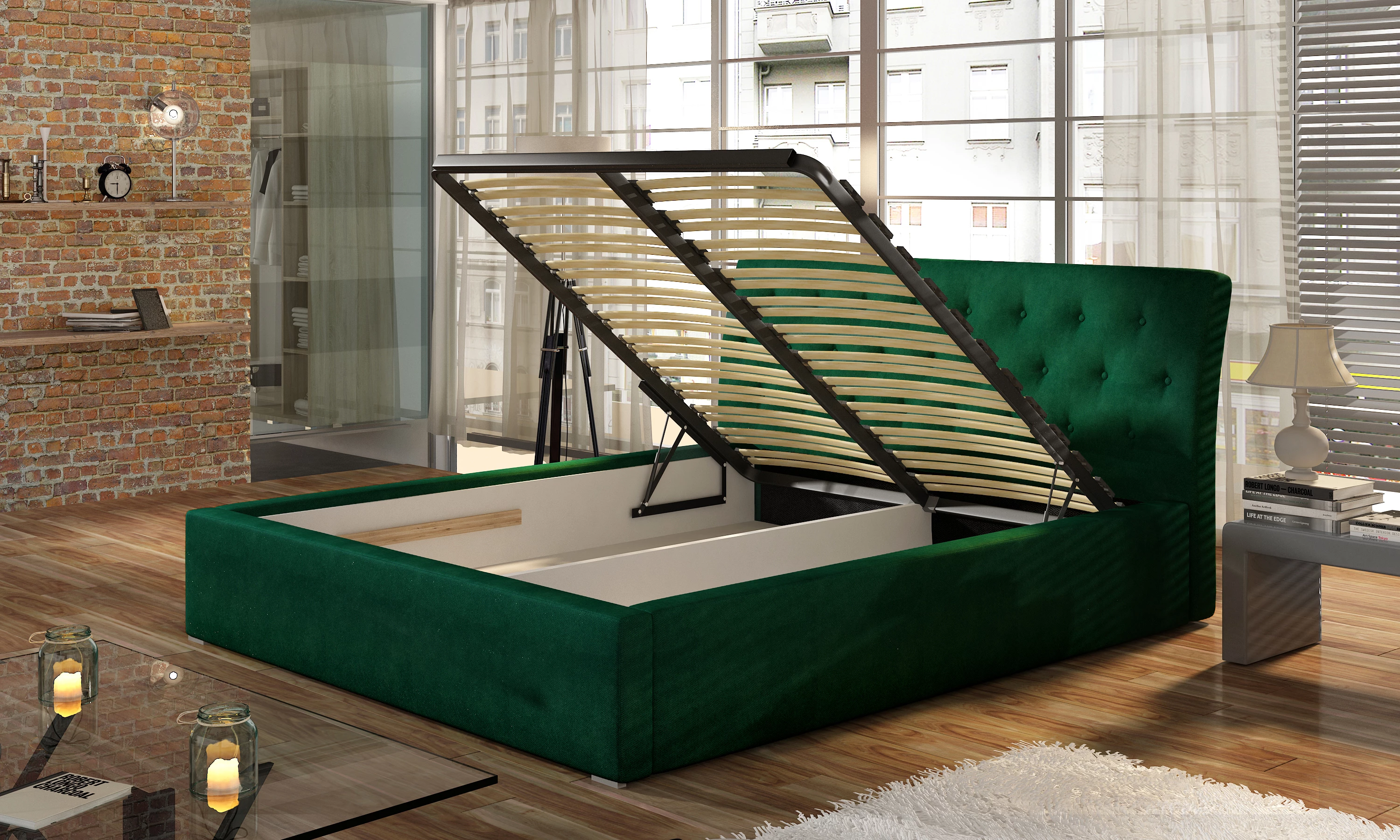 Čalouněná postel do ložnice 140 Milano (kovový rošt, plynové písty, úložný prostor)