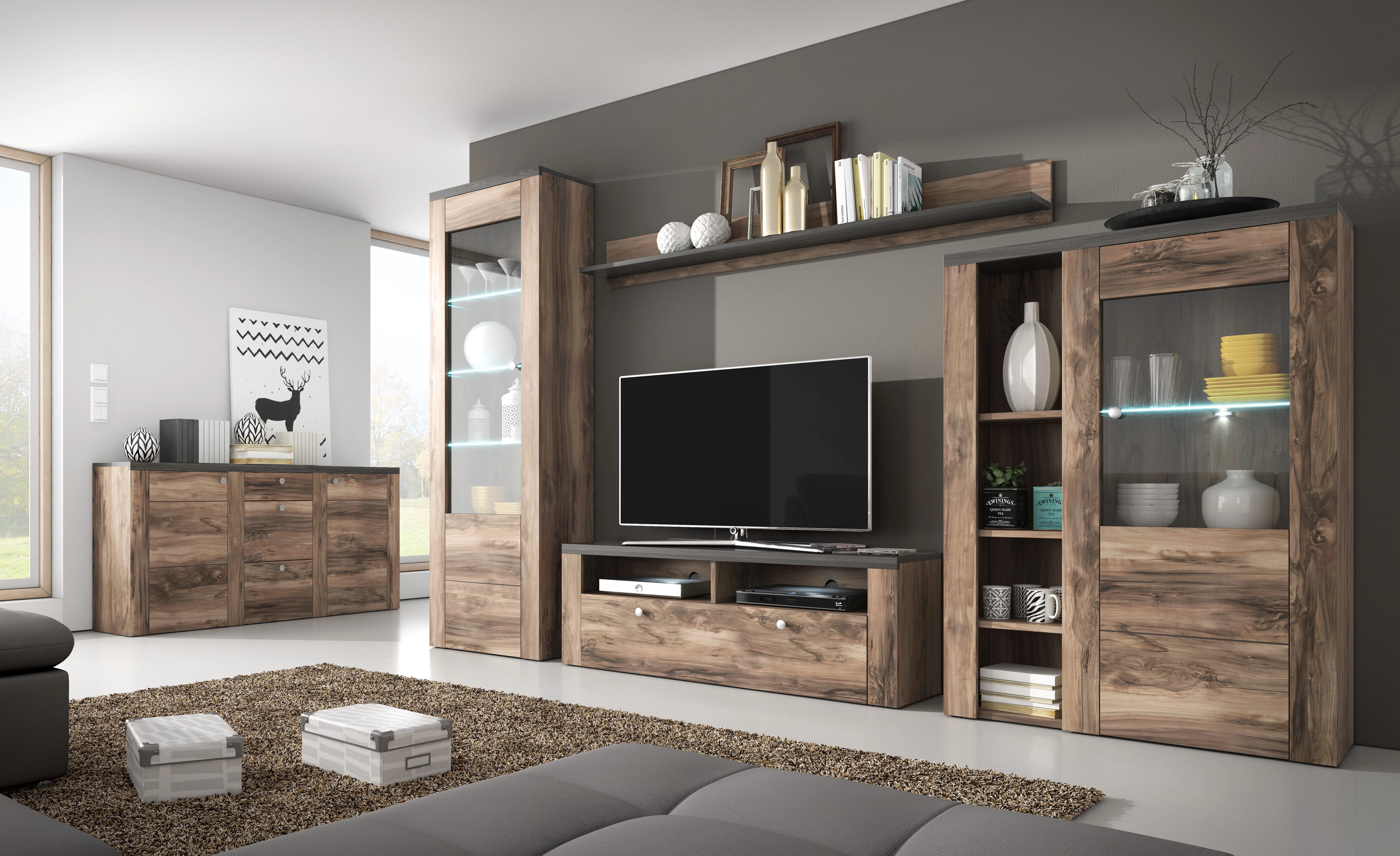 Funkční TV stolek s výklenky a sklápěcími dvířky do obývacího pokoje Larona