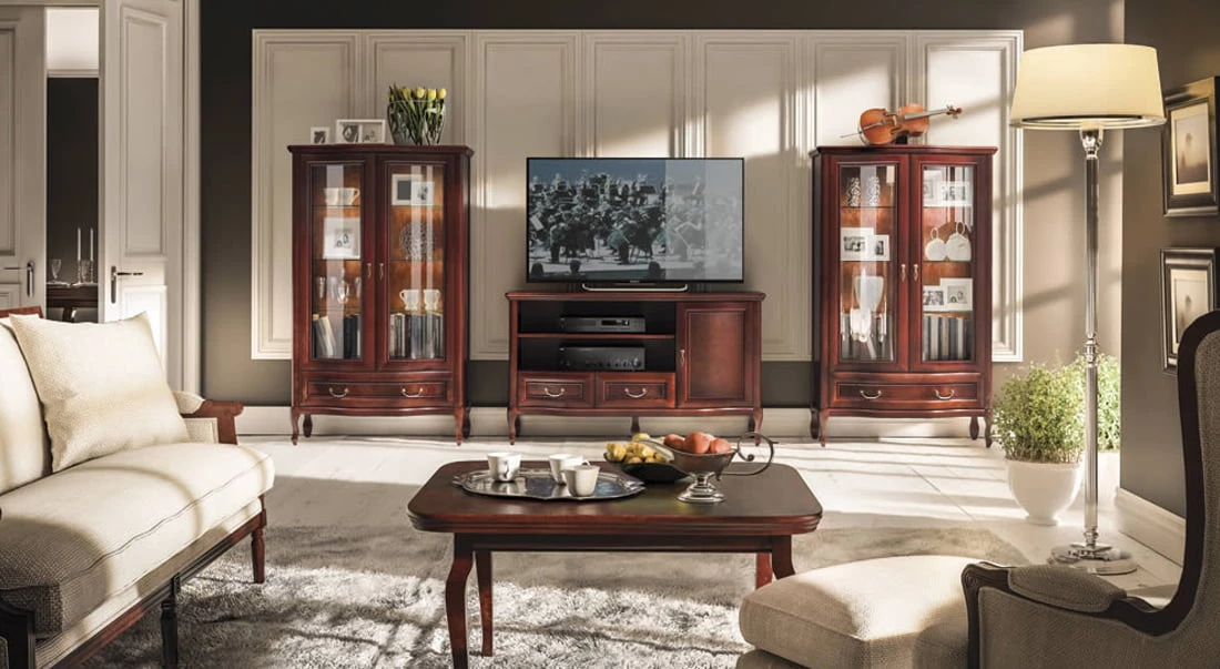 Elegantní 1-dvířkový TV stolek v klasickém stylu se zásuvkami a výklenky do obývacího pokoje Gerard