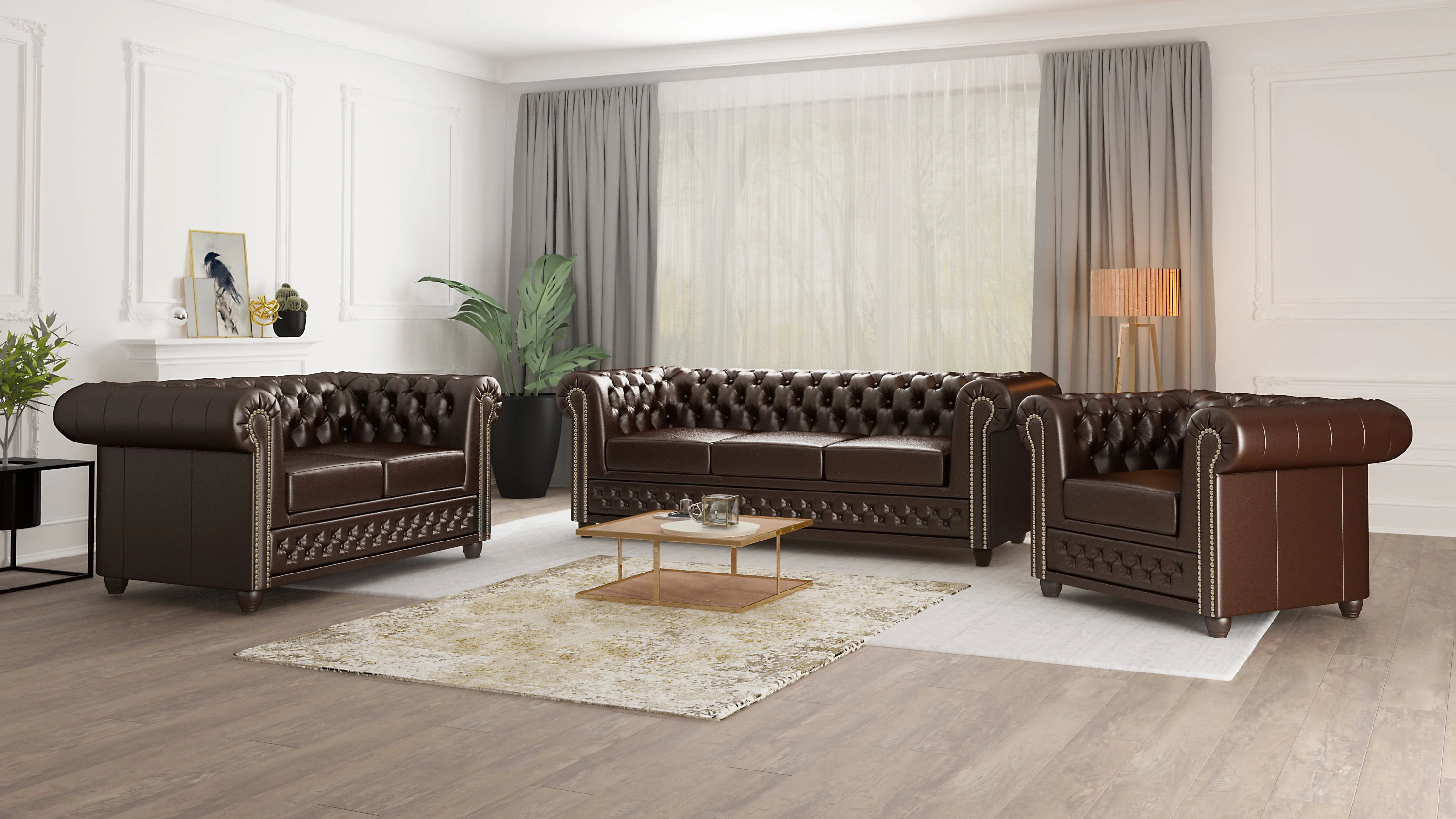 Zestaw Chesterfield York z sofą 3-osobową z funkcją spania, sofą 2-osobową oraz fotelem