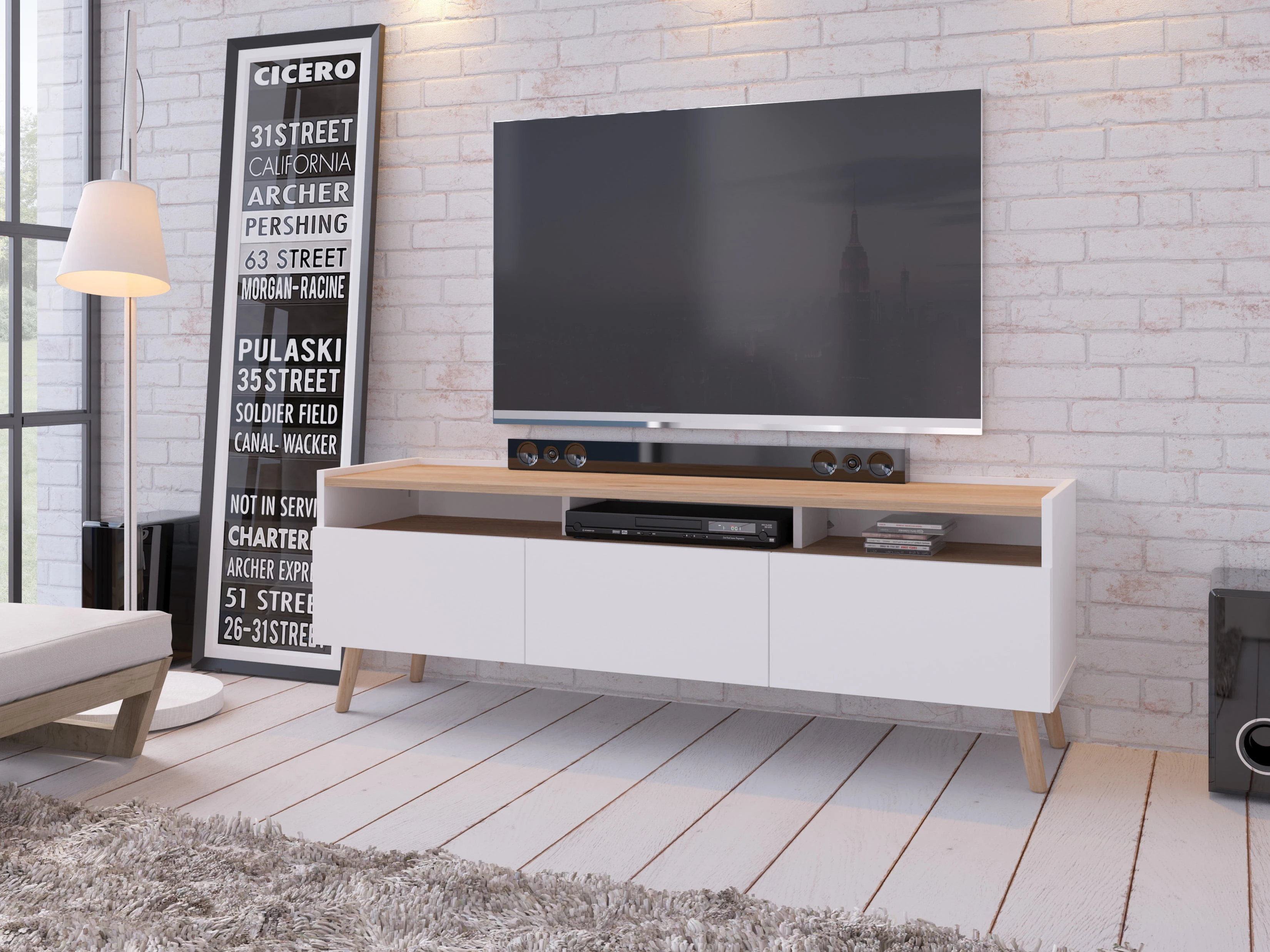 Moderní TV stolek se zásuvkami a otevřenými výklenky do obývacího pokoje Skandi