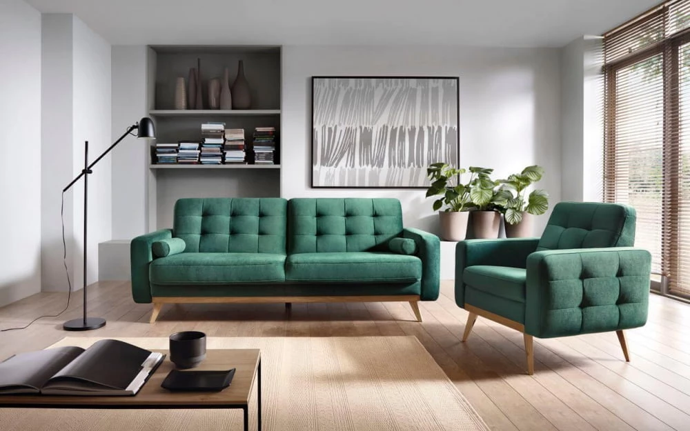 Moderní elegantní 3-místná rozkládací pohovka v šedé nebo modré látce s úložným prostorem