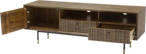 Široký TV stolek s dvířky, zásuvkami a výklenky na kovových nožkách do obývacího pokoje Maze