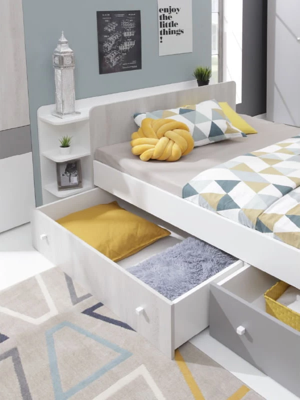 Moderní postel s plochou spaní 120 cm a se zásuvkami do dětského pokoje Como