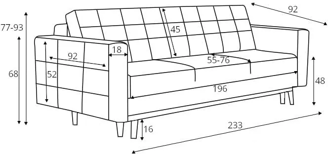 Pikowana sofa Asgard z funkcją spania typu DL i pojemnikiem na pościel