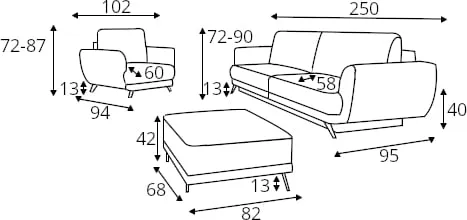 Zestaw Megis - fotel, sofa oraz pufa