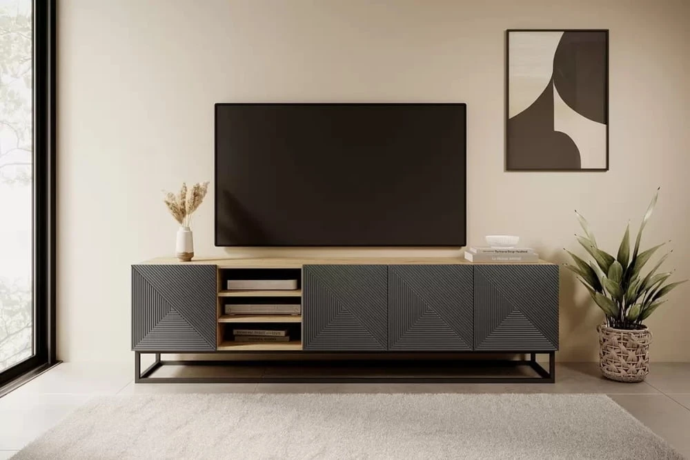 Elegantní TV stolek s frézovanými čely a výklenkem na kovových rámech do obývacího pokoje Ash 200