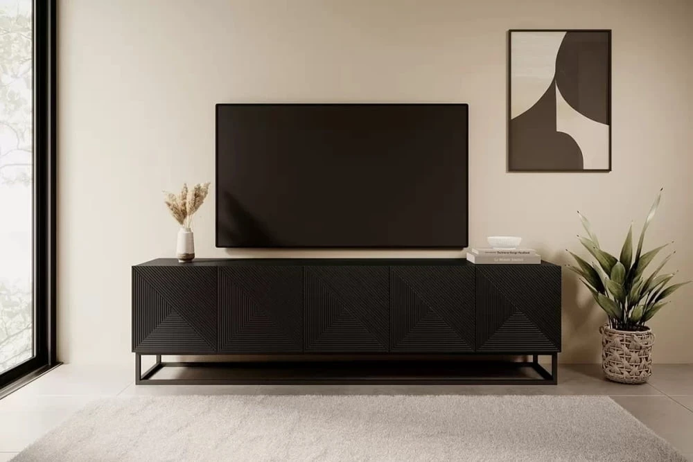 Elegantní TV stolek s frézovanými čely na kovových rámech do obývacího pokoje Ash 200