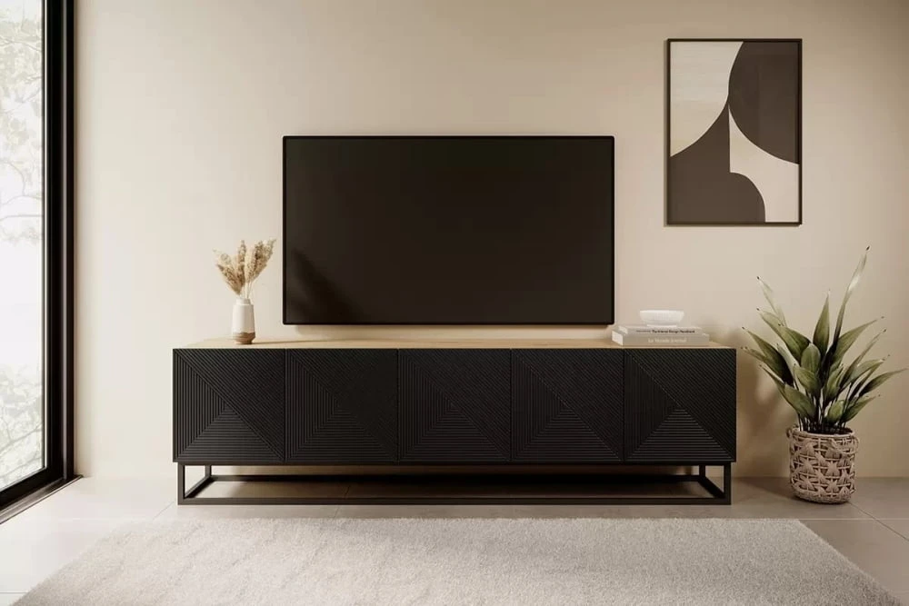 Elegantní TV stolek s frézovanými čely na kovových rámech do obývacího pokoje Ash 200