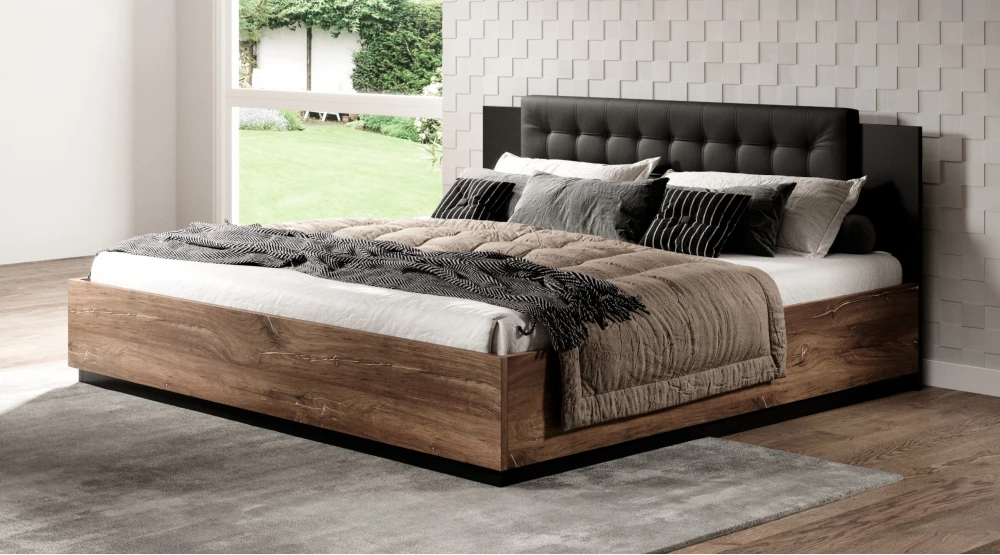 Dwuosobowe łóżko 180 z tapicerowanym zagłówkiem i pojemnikiem do sypialni Sigma
