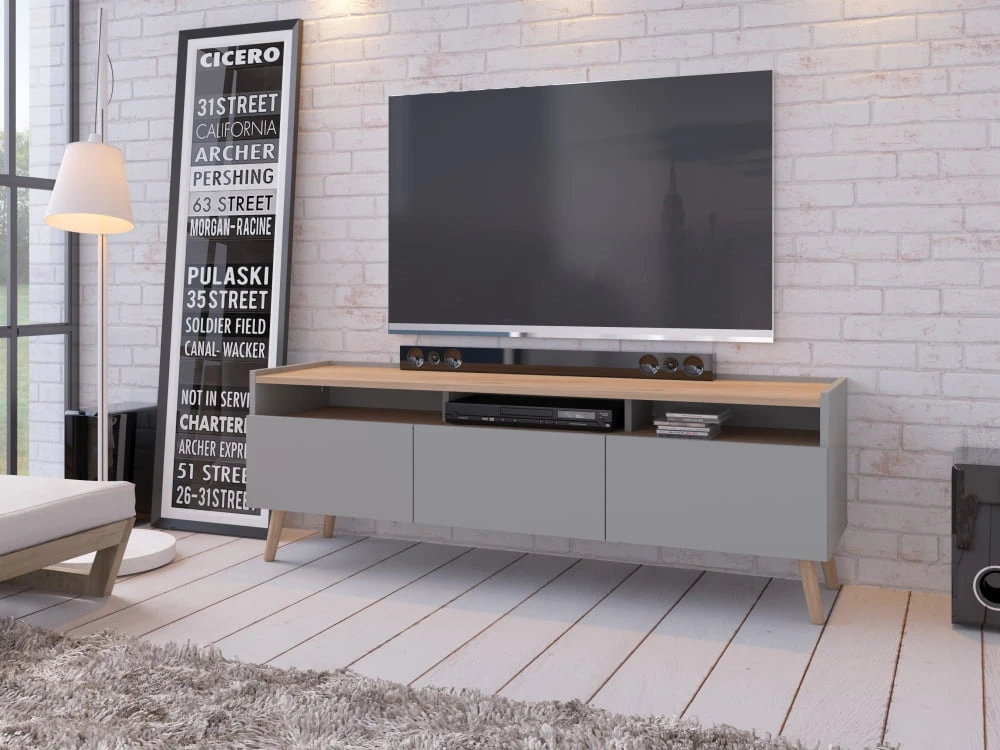 Moderní TV stolek se zásuvkami a otevřenými výklenky do obývacího pokoje Skandi