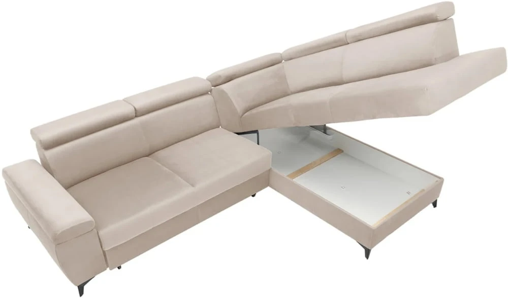 Rohová sedací souprava pravá pro každodenní spaní s mechanismem rozkládání typu delfín a úložným prostorem na lůžkoviny Mellow 