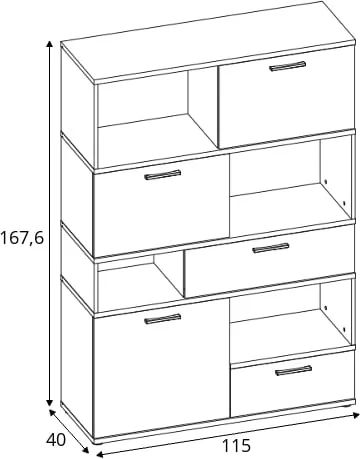 Vysoká komoda se zásuvkami a otevřenými přihrádkami do obývacího pokoje nebo ložnice Twenty