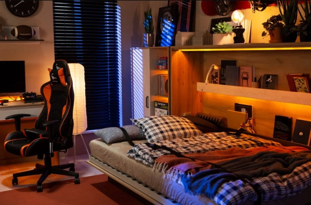 Sklápěcí postel nízká 120 s policemi do studentského pokoje Concept Junior