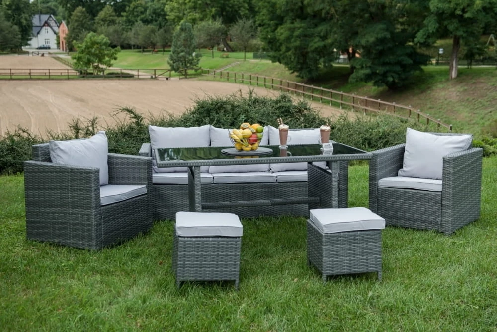 Zestaw 2 foteli ogrodowych ze stolikiem, sofą i pufami Calm Grande