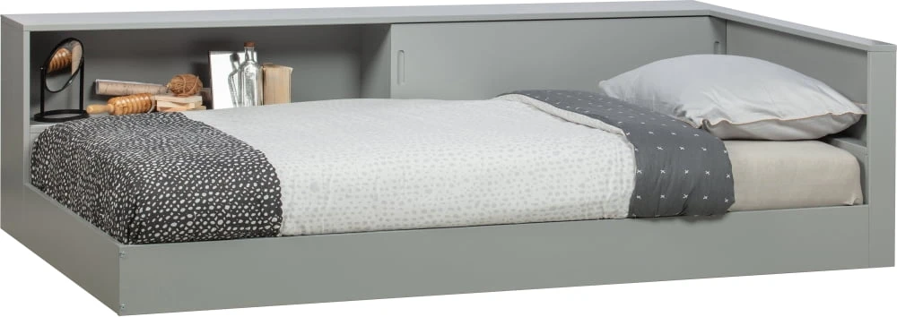 Łóżko 90x200 Connect szare z otwartą półką oraz schowkiem