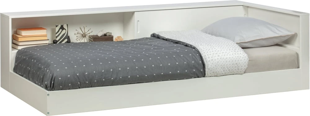 Łóżko 90x200 Connect białe z otwartą półką oraz schowkiem
