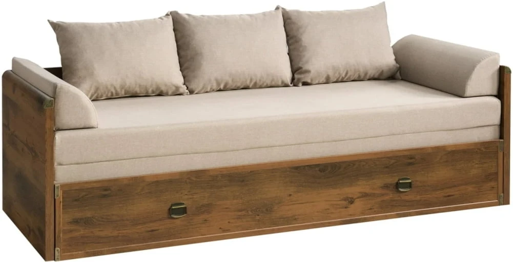 Łóżko Indiana w zestawie z materacem na drewnianej ramie, zagłówkami i poduszkami 