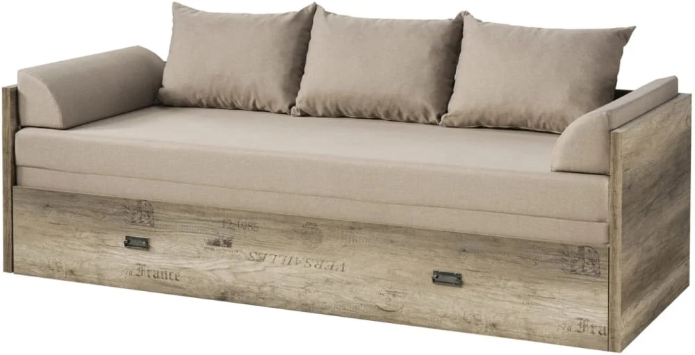Postel Malcolm v sadě s matrací na dřevěném rámu, polštáři a područkami