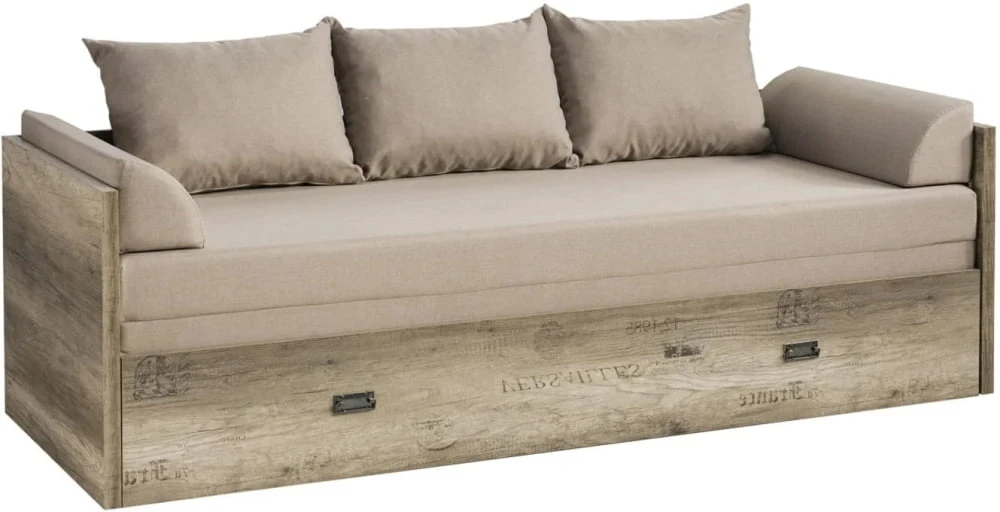 Łóżko Malcolm w zestawie z materacem na drewnianej ramie, zagłówkami i poduszkami 