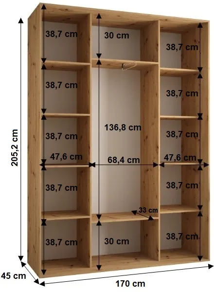 Šatní skříň s posuvnými dveřmi Sapporo 1 170, hloubka 45 cm