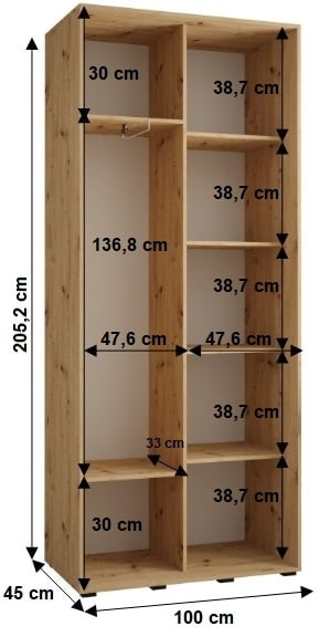 Posuvná skříň se zrcadlem Cannes 5 100 hloubka 45 cm