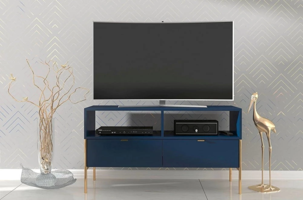 Elegantní tmavě modrý TV stolek Polka se zlatými nohami