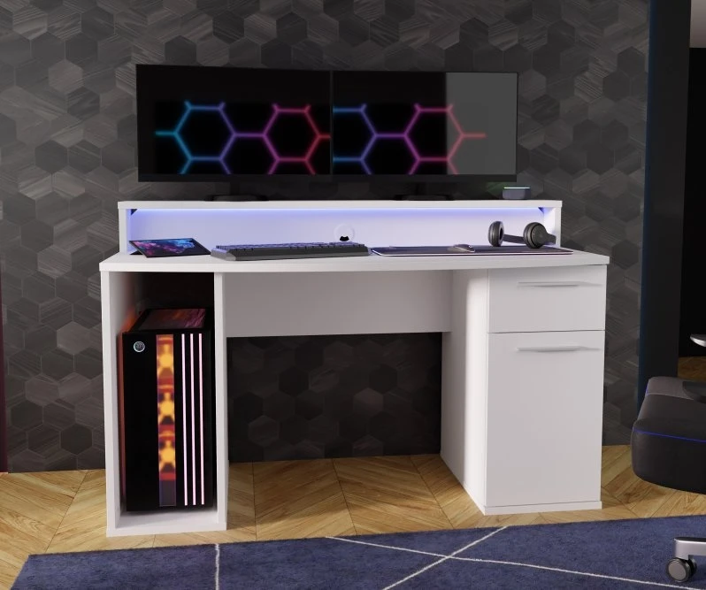 Bílý psací stůl 140x65 cm s RGB osvětlením a nástavcem na monitor AYO