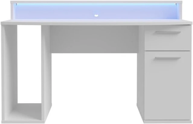 Bílý psací stůl 140x65 cm s RGB osvětlením a nástavcem na monitor AYO