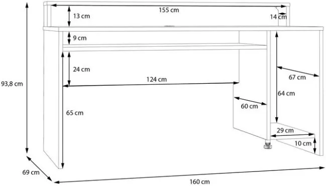 Černý stůl 160x70 cm s RGB osvětlením a nástavcem na monitor AYO