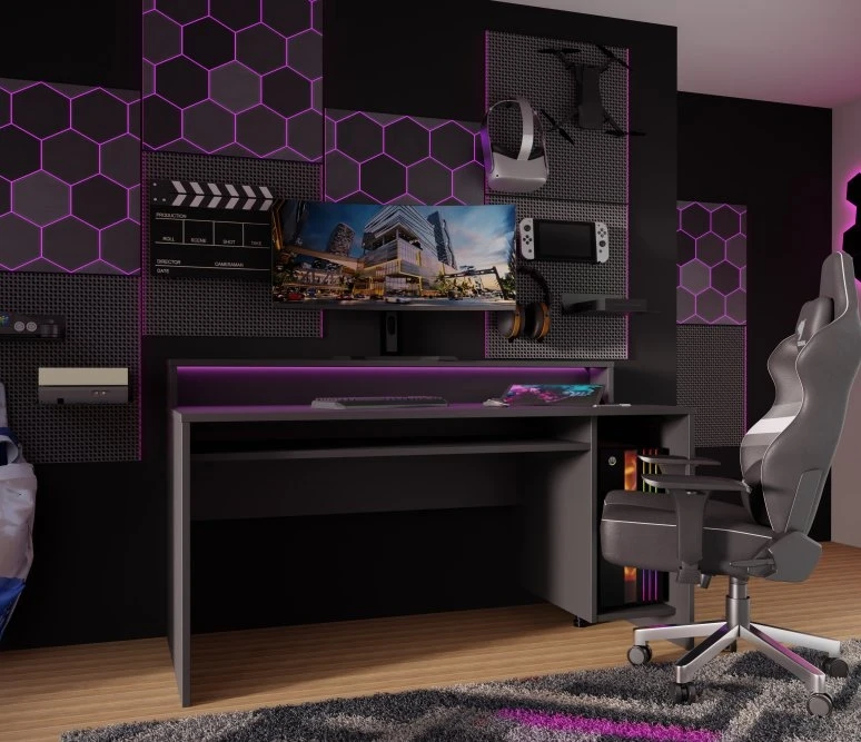 Černý stůl 160x70 cm s RGB osvětlením a nástavcem na monitor AYO