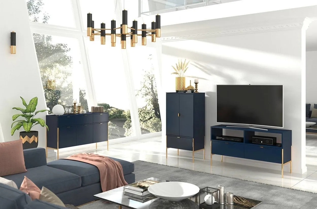 Elegantný tmavomodrý TV stolík Polka na zlatých nožičkách — 6
