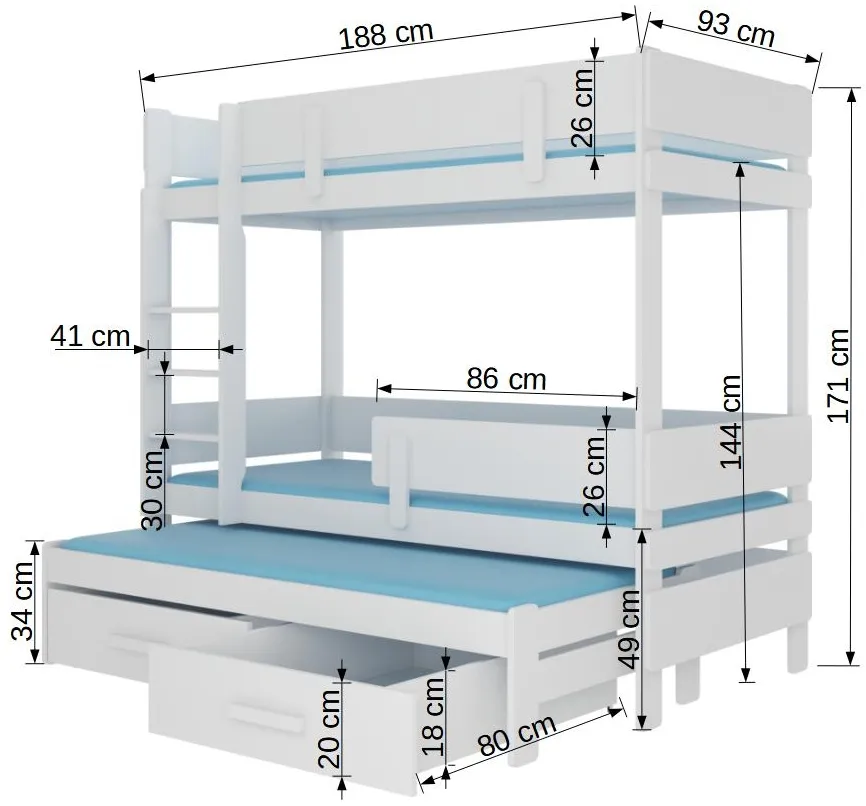 Poschodová posteľ trojmiestna s matracmi Etapo 180 — 3