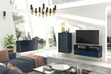 Elegantný tmavomodrý TV stolík Polka na zlatých nožičkách