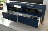 Elegantný tmavomodrý TV stolík Polka na zlatých nožičkách