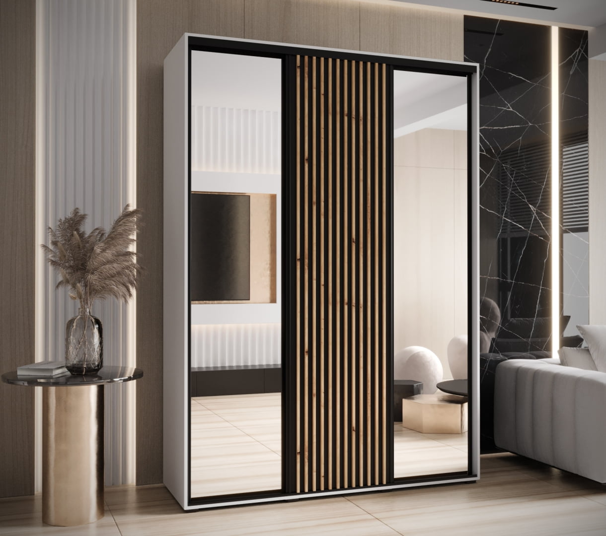 Levně Šatní skříň s posuvnými dveřmi a zrcadlem Sapporo 2 180, hloubka 60 cm - Abiks Meble