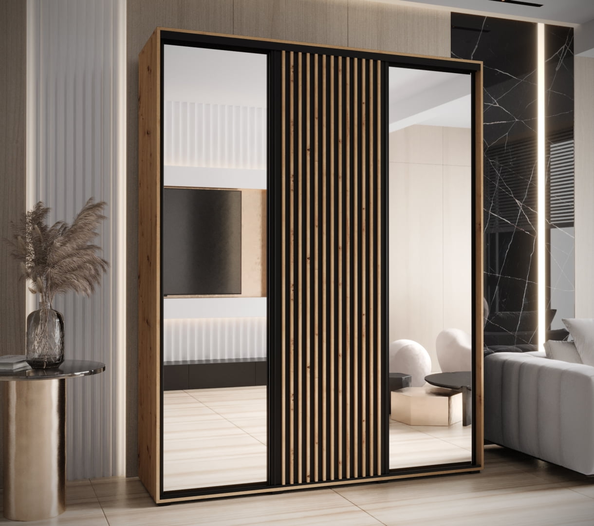Levně Šatní skříň s posuvnými dveřmi a zrcadlem Sapporo 2 190, hloubka 60 cm - Abiks Meble