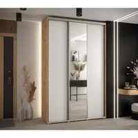Skriňa s posuvnými dverami so zrkadlom 160 45 Cannes 3 Svetlohnedé drevo Biela