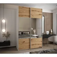 Skriňa s posuvnými dverami so zrkadlom Lux 4 160 Svetlohnedé drevo Biela Sivá