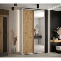 Skriňa s posuvnými dverami so zrkadlom vysoká Davos 3 140 hĺbka 45 cm Svetlohnedé drevo Biela Sivá