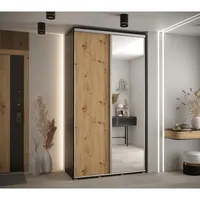 Skriňa s posuvnými dverami so zrkadlom vysoká Davos 3 140 hĺbka 45 cm Svetlohnedé drevo Čierna