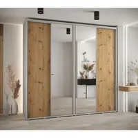 Skriňa s posuvnými dverami so zrkadlom vysoká Davos 3 250 hĺbka 60 cm Svetlohnedé drevo Biela