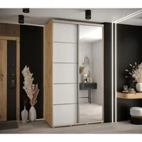 Skriňa s posuvnými dverami so zrkadlom Davos 5 140 cm 60 cm hĺbky Svetlohnedé drevo Biela