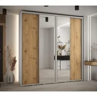 Skriňa s posuvnými dverami so zrkadlom vysoká Davos 3 230 hĺbka 45 cm Svetlohnedé drevo Biela Sivá