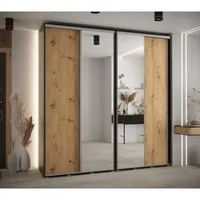 Skriňa s posuvnými dverami so zrkadlom vysoká Davos 3 230 hĺbka 45 cm Svetlohnedé drevo Čierna