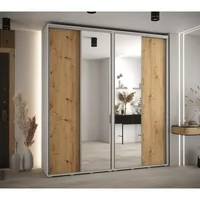 Skriňa s posuvnými dverami so zrkadlom vysoká Davos 3 220 hĺbka 45 cm Svetlohnedé drevo Biela Sivá