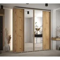 Skriňa s posuvnými dverami so zrkadlom vysoká Davos 3 220 hĺbka 45 cm Svetlohnedé drevo Sivá