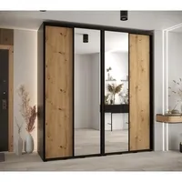 Skriňa s posuvnými dverami so zrkadlom vysoká Davos 3 220 hĺbka 60 cm Svetlohnedé drevo Čierna