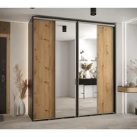 Skriňa s posuvnými dverami so zrkadlom vysoká Davos 3 220 hĺbka 60 cm Svetlohnedé drevo Čierna
